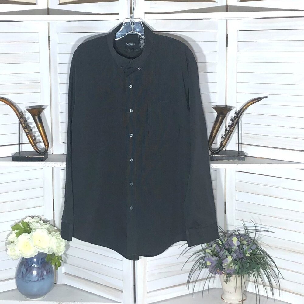 Van Heusen Pinstripe Shirt Black Gray Classic Fit Large